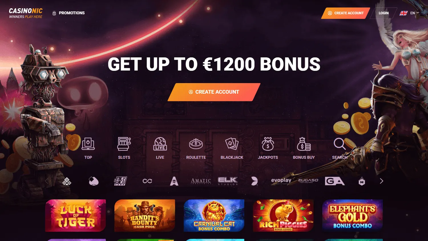 Casinonic Casino desktop home interface with casino access and account features