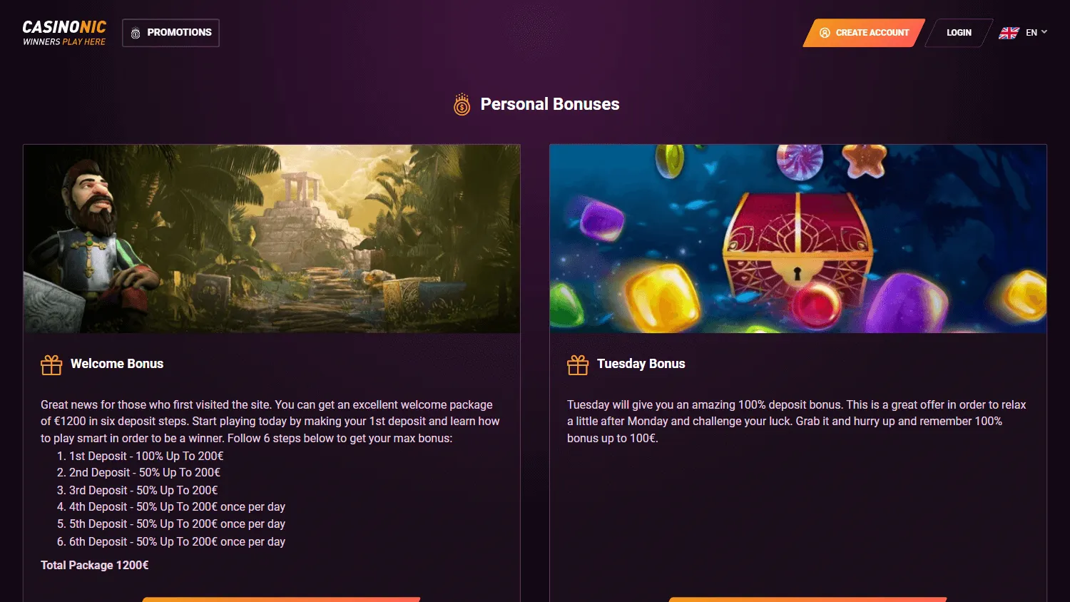 Casinonic Casino desktop promotions area with welcome and deposit offers