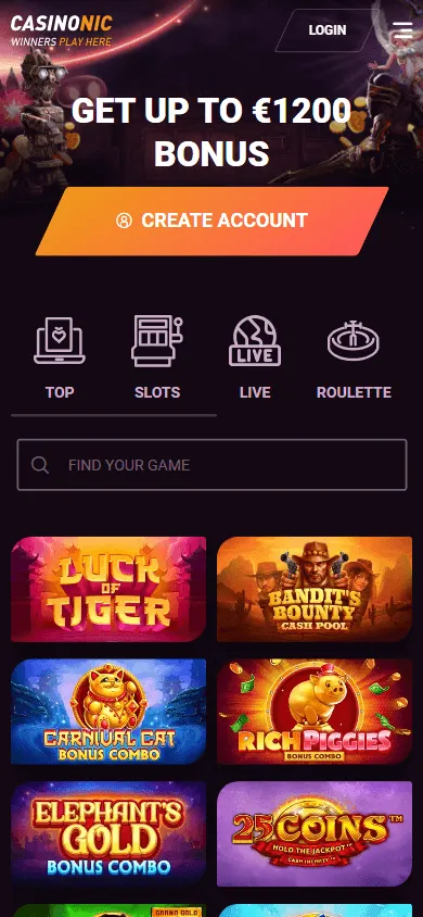 Casinonic Casino mobile-responsive home interface for casino play